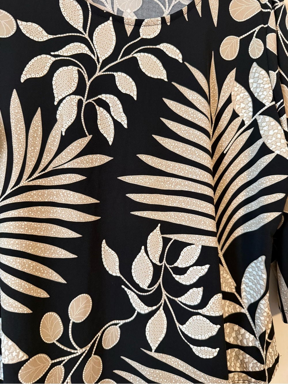 Ruby Rd. Black and Beige Tropical-Leaf Scoop Neck Long Sleeve Top - Picture 3 of 4